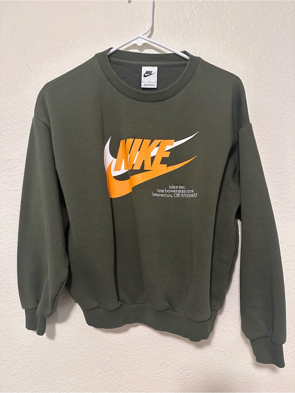 Nike Olive Crewneck Sweatshirt with Orange & White Logo